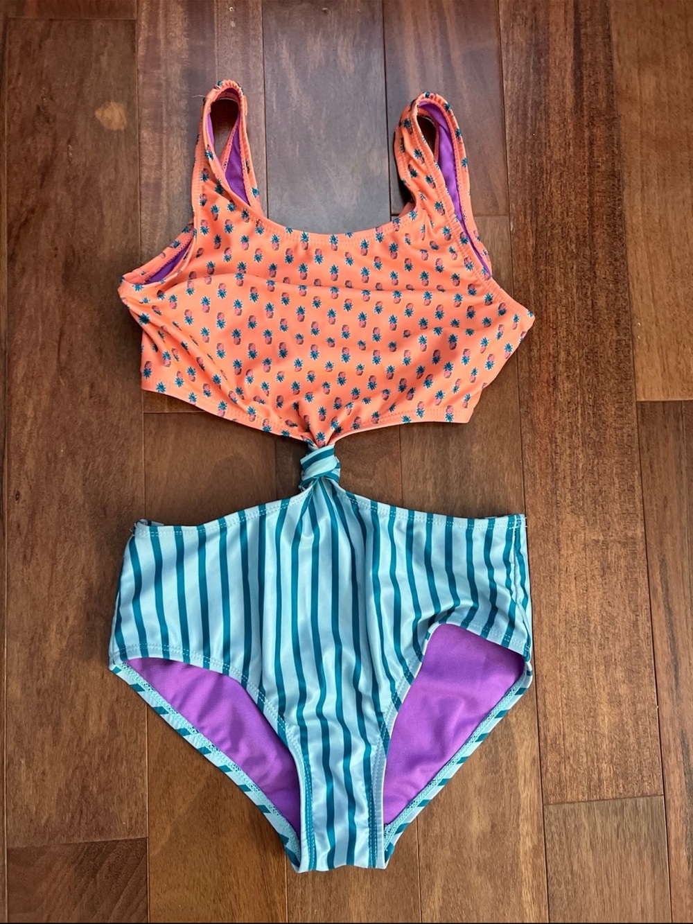 Two-Tone Knot Front Girls' Swimsuit - Orange Pineapple Top & Teal Striped Bottom
